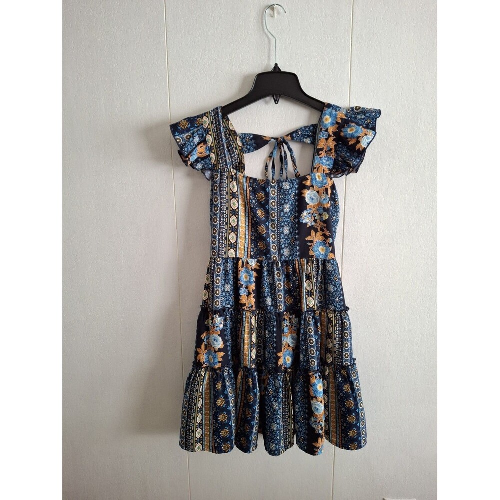 Bohemian Floral Ruffle Mini Dress Puff Sleeves Tie Back A-Line Casual Short